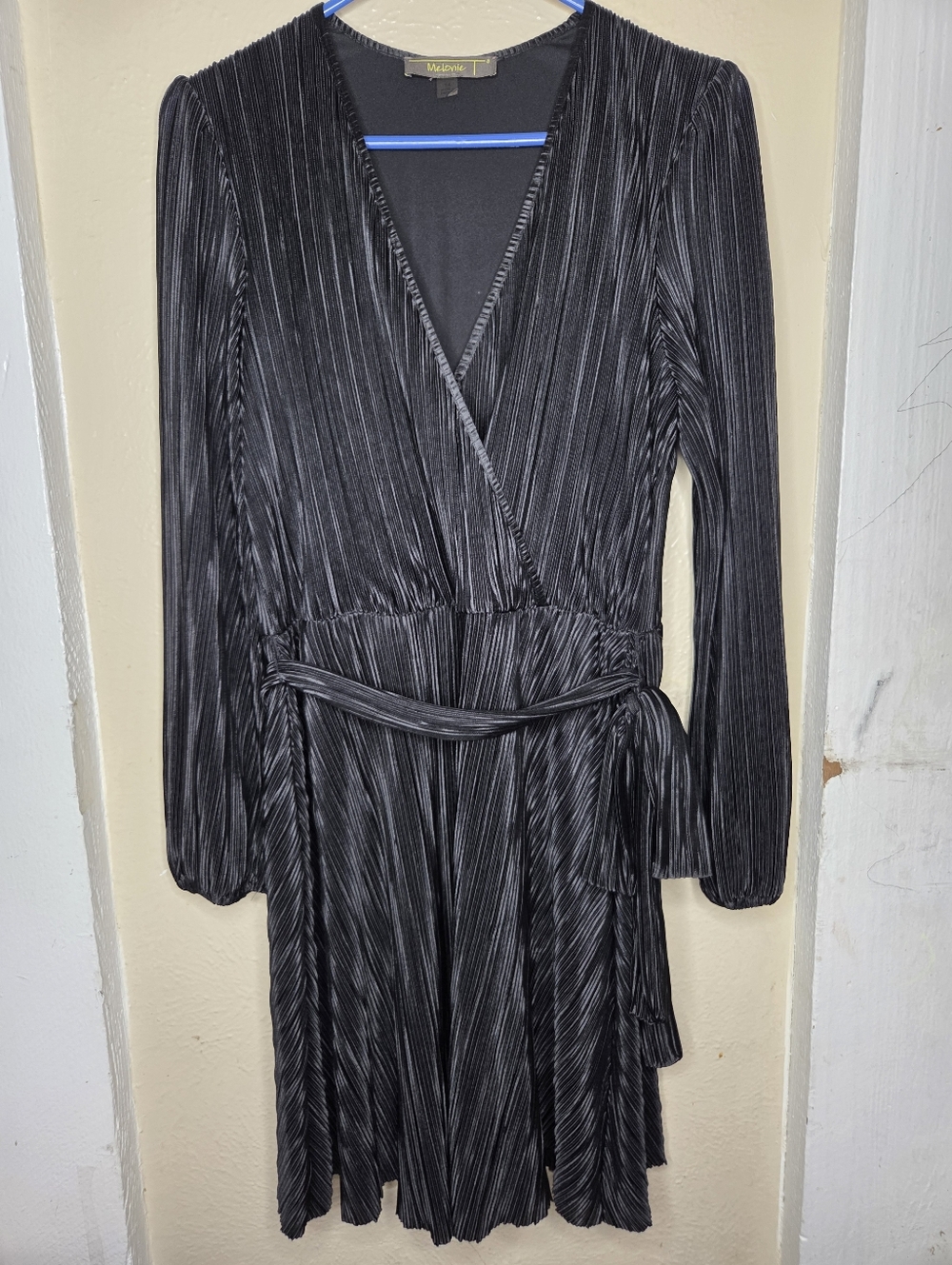 Melonie T Women Fit and Flare Dress 14 Black Long Sleeve accordion pleated